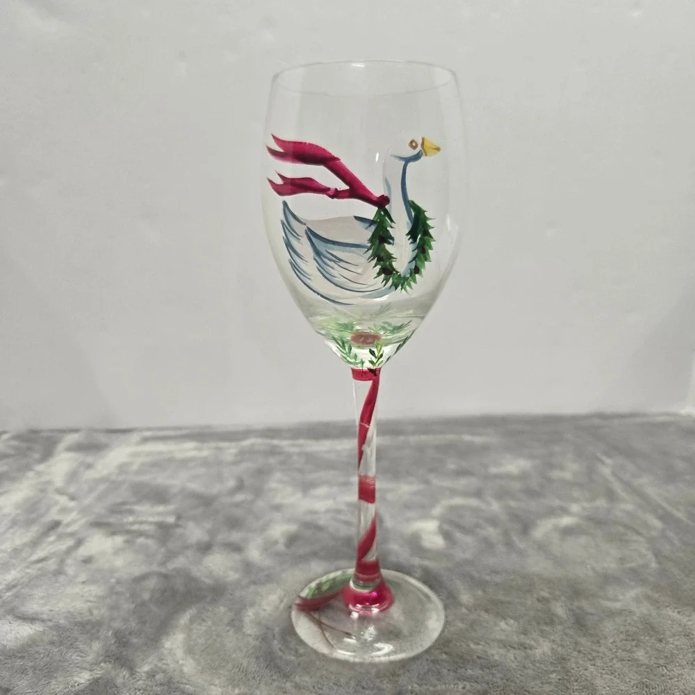 Christmas Goose Hand Painted Wine Glass Holiday Wreath Red Scarf Swirl Stem